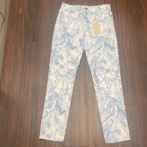 ELIE TAHARI Skinny Ankle White Blue Tropical Floral Pants Size 4